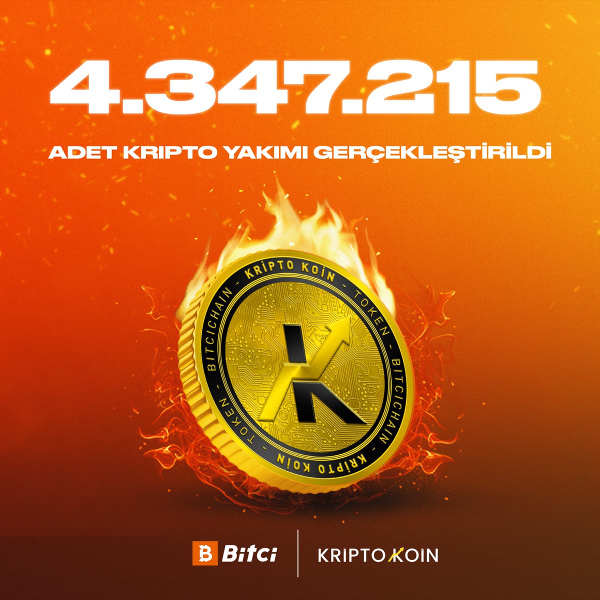 KRIPTO yakımı tamamlandı! ✅ 4.347.215 adet $KRIPTO yakımı BitciChain üzerinde gerçekleştirildi! 🔥 👉bit.ly/3YEl5Dg #Bitci #Kriptokoin #KRIPTO