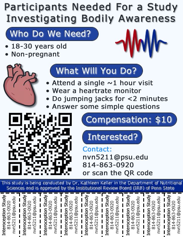 The @KatKellerLab is actively recruiting 18-30-year-old adults to participate in an in-person #interoception study. If you live in the Centre County area and want to participate email, call, or scan QR code.  @PSUresearch @penn_state @pennstateNUTR