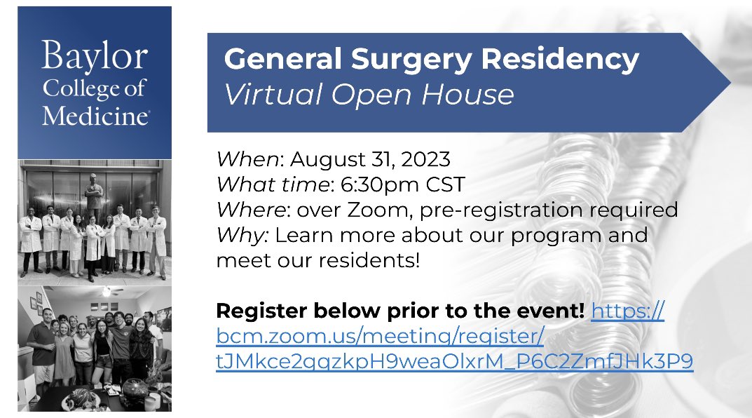 BCM General Surgery Residency (@bcmgsres) on Twitter photo It’s that time #GenSurgMatch2024, let’s meet!
Join us for our only virtual open house this year on Thursday, August 31st to hear about @bcm_surgery from our residents and PD, Dr. <a href="/ronaldcottonmd/">Ronald T Cotton, MD, FACS</a>. We can’t wait to meet y’all!
Pre-registration required, see the link in our bio! It’s that time #GenSurgMatch2024, let’s meet!
Join us for our only virtual open house this year on Thursday, August 31st to hear about @bcm_surgery from our residents and PD, Dr. <a href="/ronaldcottonmd/">Ronald T Cotton, MD, FACS</a>. We can’t wait to meet y’all!
Pre-registration required, see the link in our bio!
