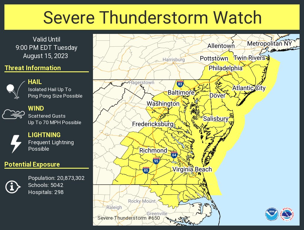 A severe thunderstorm watch has been issued for parts of DE, DC, MD, NJ, NC, PA, VA until 9 PM EDT