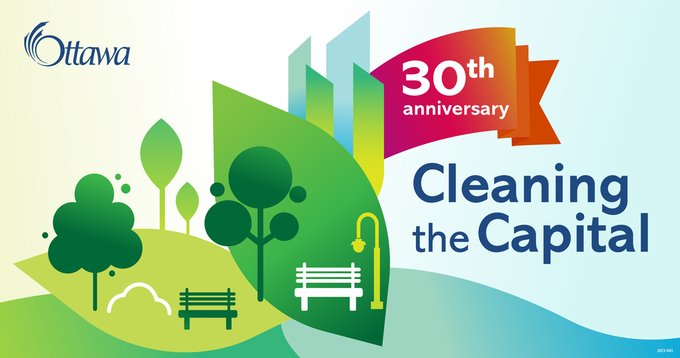 A graphic with various shades of green and yellow with pictograms of trees, benches and a street lamp in the foreground. A red banner has text that reads "30th anniversary." Dark blue text reads "Cleaning the Capital."