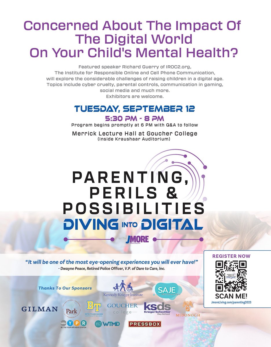 Developers of Digital Consciousness™ (@mydigitalsafety) on Twitter photo We're excited to be part of this important event about digital safety, empathy and mindfulness at <a href="/gouchercollege/">Goucher College</a> on September 12. Tremendous thanks to <a href="/JmoreLiving/">JMoreLiving</a> for putting this together & to the sponsors making this possible. Use the QR code to Register now 👏
#onlinesafety We're excited to be part of this important event about digital safety, empathy and mindfulness at <a href="/gouchercollege/">Goucher College</a> on September 12. Tremendous thanks to <a href="/JmoreLiving/">JMoreLiving</a> for putting this together & to the sponsors making this possible. Use the QR code to Register now 👏
#onlinesafety