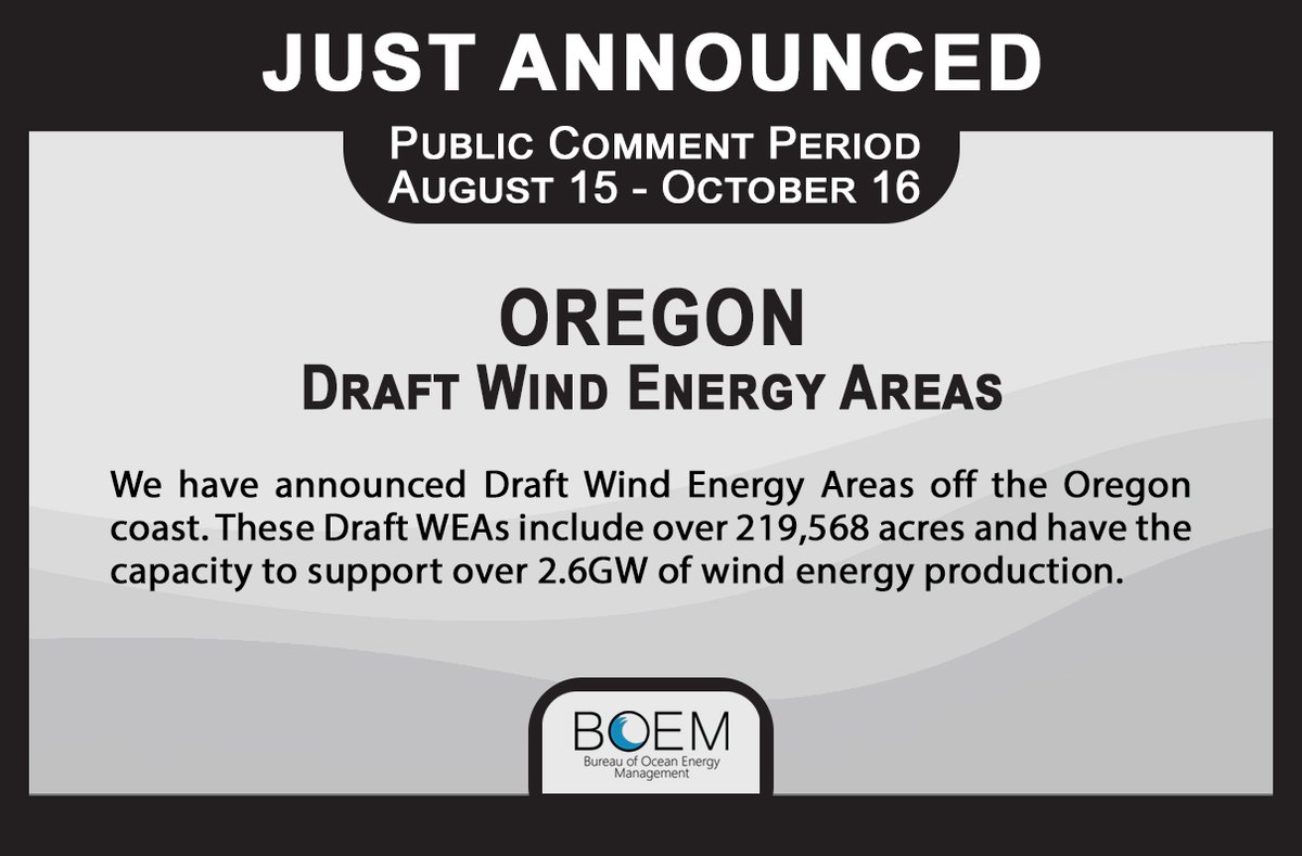JUST ANNOUNCED | We have proposed 2 Draft Wind Energy Areas off the Oregon coast to facilitate the delivery of clean wind power in the region.

We invite review and public comment on these Draft WEAs. Join an upcoming public meeting to learn more.
Details: ow.ly/1T4z50PzuA4