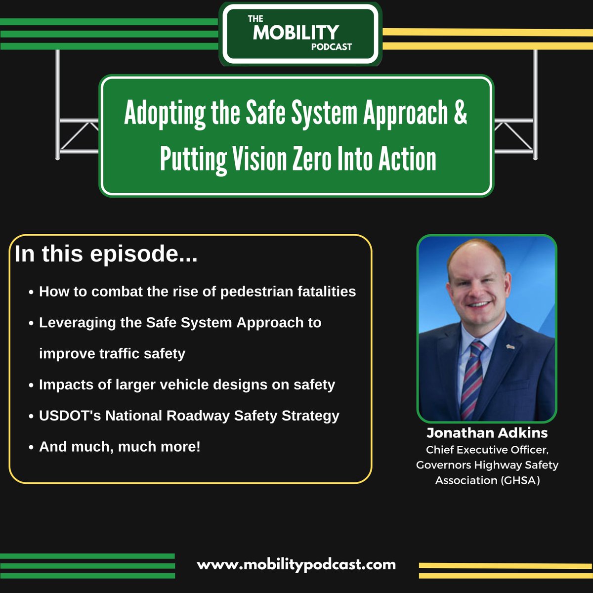 American roads are becoming more dangerous for everyone – especially those on foot, in a wheelchair, and on a bike. 

<a href="/jraindc/">Jonathan Adkins</a>, CEO of <a href="/GHSAHQ/">GHSA</a>, joined us before #GHSA2023 to discuss the #SafeSystemApproach, vehicle designs &amp; VRU safety, and more.

Tune in: bio.site/mobilitypodcast