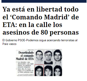 CCivicaCatalana's tweet photo. Ya está en la calle todo el ‘Comando Madrid’ de ETA: los asesinos de 80 personas, incluidos varios niños.

No se han arrepentido. No han cumplido ni la mitad de su condena.

Las víctimas ninguneadas, los bildutarras encantados y Sánchez en La Moncloa. De esto iba todo. https://t.co/CN6QQFaDMe