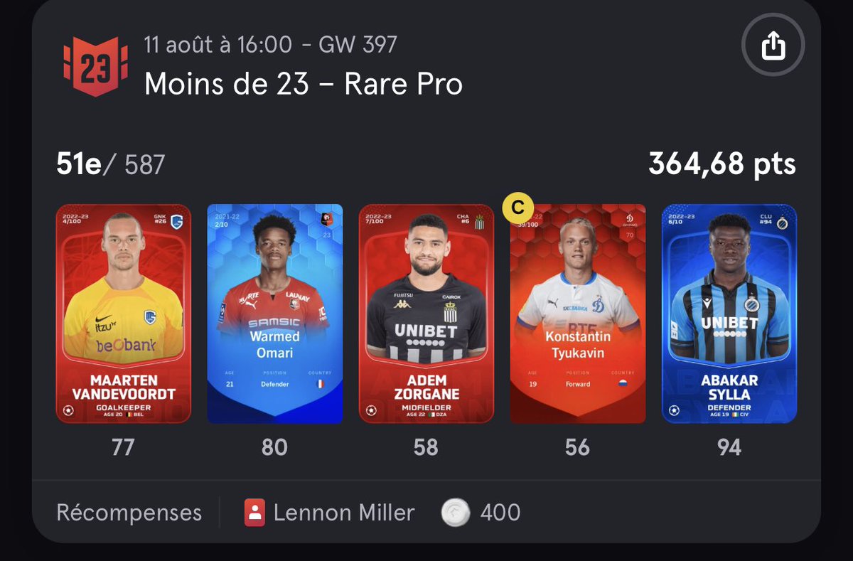 L_ORACLE23's tweet photo. First GW and first reward. (Even without any decisive on the field players)
We take it! 
#Sorare #U23 https://t.co/UnUDt0yJAH