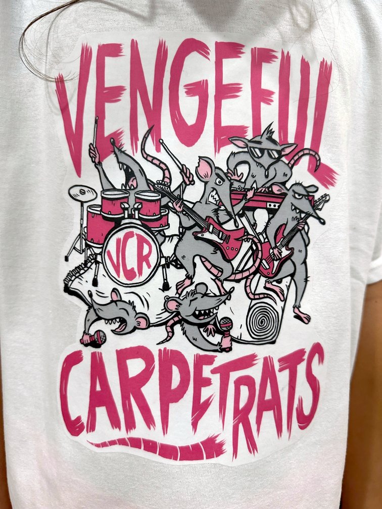 StoryFort's tweet photo. My 10 year old daughter sang in a rock band this summer, and they had their big concert this past weekend. She asked me to design some shirts for her band, Vengeful Carpet Rats.

You better believe I wore one to the show too!

🤘VCR 4EVER! 🤘 https://t.co/Xx66xMTwOc