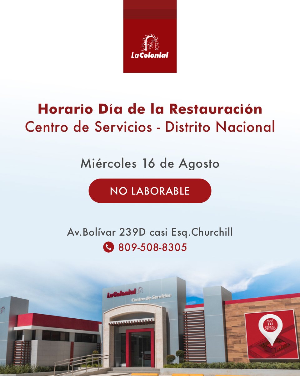 Este miércoles 16 tus Centros de Servicios tienen horario especial por el Día de la Restauración Dominicana.

Desliza para saber más.

¡Cuidar nos mueve! 

#CuidarNosMueve #CentroDeServiciosBolivar#CentrosDeServiciosLaColonial #ÁrmaloTú#AquíTuEresElCentro