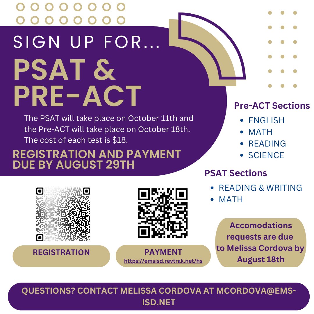 PSAT/PreACT Registration Deadline August 29

Testing is available for students in 9th, 10th, &amp; 11th grades. Students must complete online registration and make payment by the deadline in order to test. For more information please visit emsisd.com/Page/31881