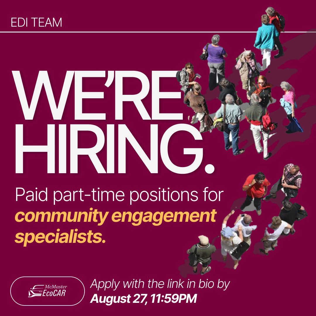 🌿 Join McMaster EcoCAR Team! 🌿 
Community Engagement Specialist: Fuel connections, ignite impact. Collaborate with the community on pressing initiatives, research social movements and initiatives, and be the bridge to change. 
Apply: shorturl.at/azNV9 #McMasterEcoCar