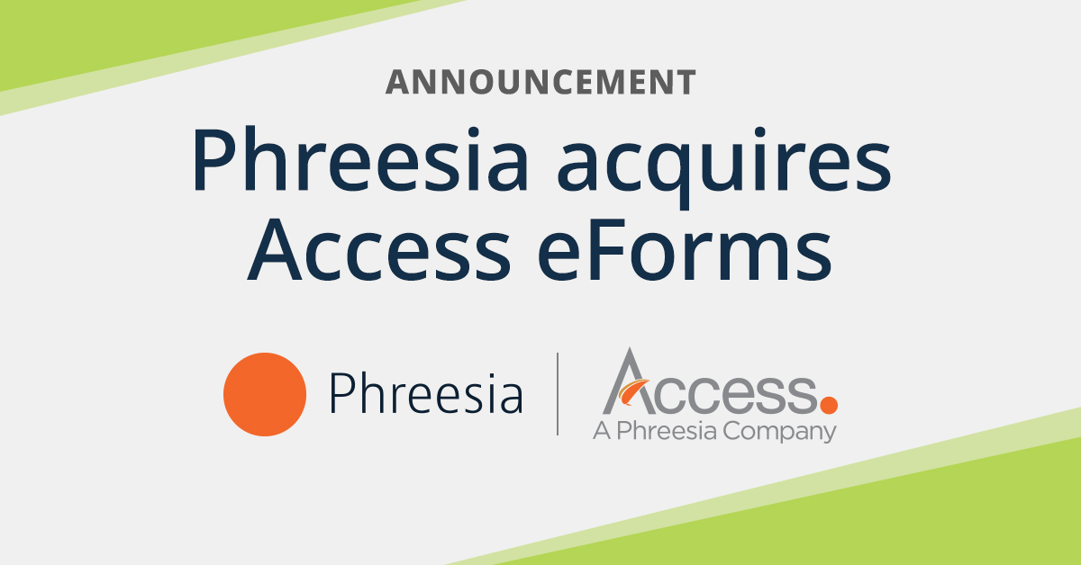 AccessEFM's tweet photo. BIG NEWS! We are excited to announce that Access has been acquired by @phreesia. Phreesia shares our commitment to helping healthcare organizations save staff time, reduce errors, improve efficiency and deliver a great patient experience. Read more (https://t.co/GsAkJzoVoF). https://t.co/GyLnOKj4gJ