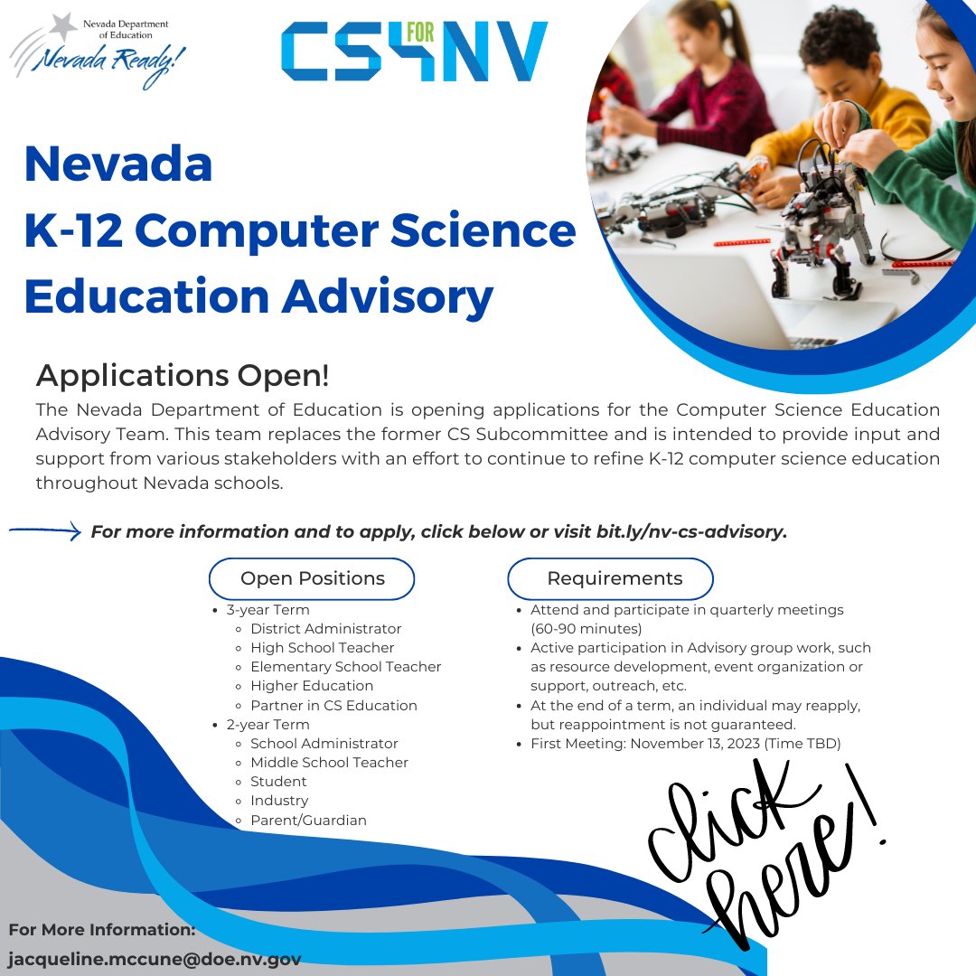 Join the new K-12 Computer Science Education Advisory! This is your opportunity to support, contribute to, and grow Nevada's CS education. You don't have to be an expert in computer science. Apply today at bit.ly/nv-cs-advisory
