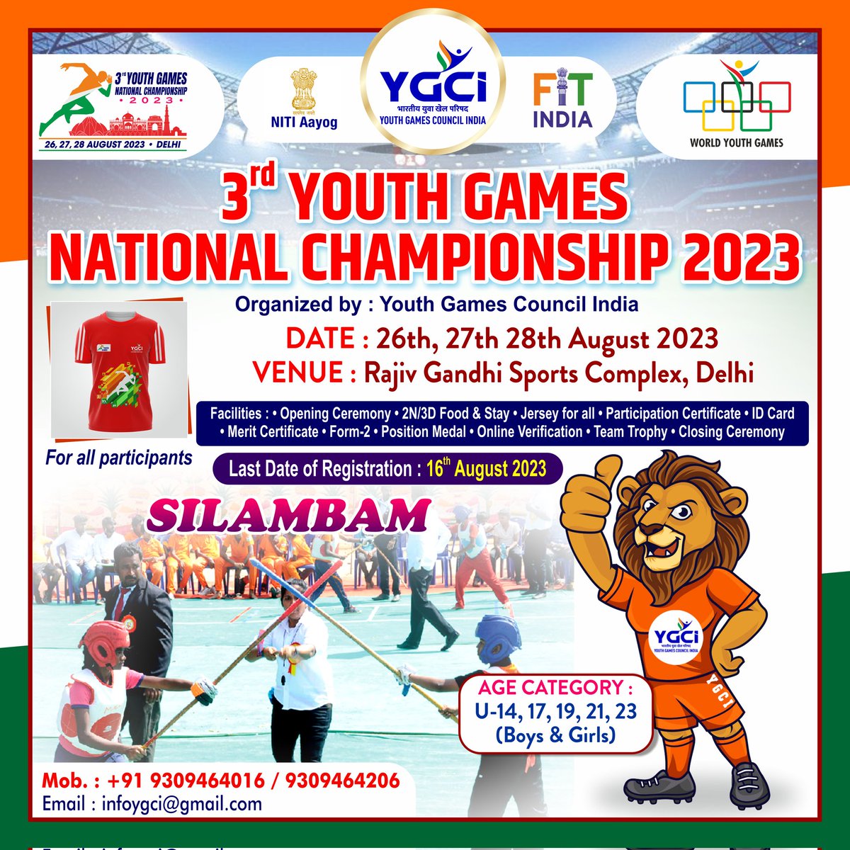 3rd Youth Games National Championship 2023🏆
🔹Organized by: Youth Games Council India
📍Date: 26, 27, 28 August 2023
🏟️Venue: Rajiv Gandhi Sports Complex, DELHI
📱 Contact:- +91 9309464016 / 9309464206
#ygci #youthgamesnationalchampionship #youthgames2023
#officialyouthgames