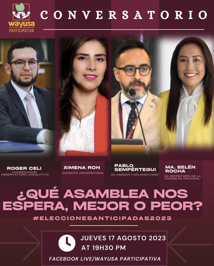 Continuamos con nuestras actividades en el marco de las #Eleccionesanticipadas2023,  este jueves 17 de agosto, a las 19h30, junto a destacados expertos, analizaremos ¿Qué Asamblea Nacional nos espera, mejor o peor? 

Generamos un voto consciente e informado.