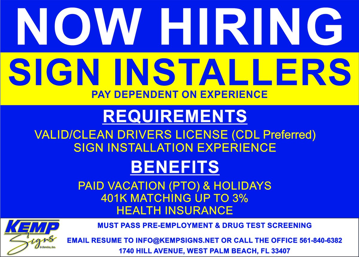 Kemp_Signs's tweet image. #Hiringflorida #Signinstaller #Signtechnicians #Signtechnician #customsigns #signinstallers #hiring #nowhiring