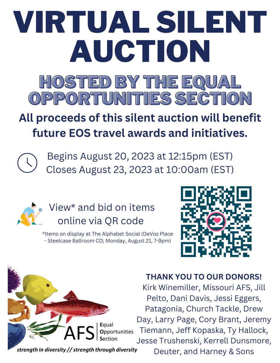 AFS_EqualOpp's tweet photo. Interested in supporting EOS Travel Awards and events at meetings? Do you need some new fish art, outdoor/fish gear, signed copies of books, or other amazing items? Check out the EOS virtual silent auction at the #AFS153 @AmFisheriesSoc Annual Meeting! https://t.co/LgP0TPnnd8