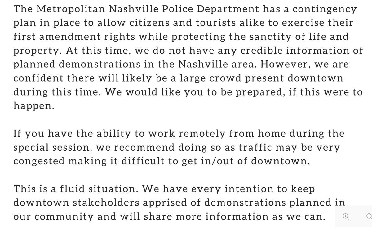 Nashville police are urging people who work downtown to WFH during the special session next week.