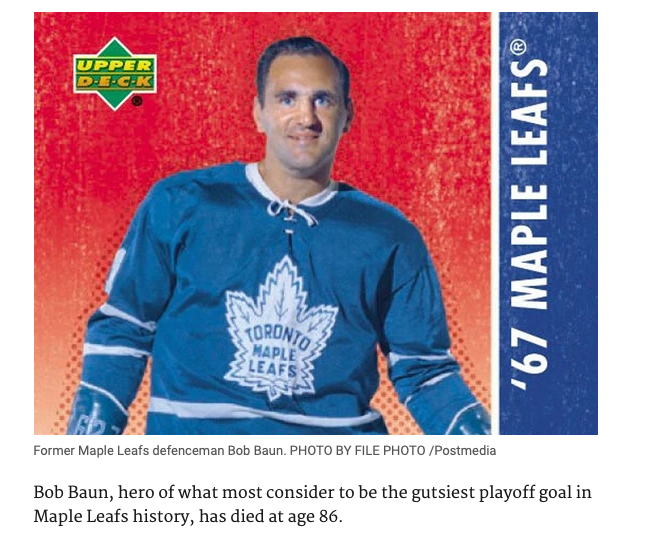 RIP  Bob Baun... scored in overtime on April 23, 1964  coming back into  Stanley Cup final from a shot
