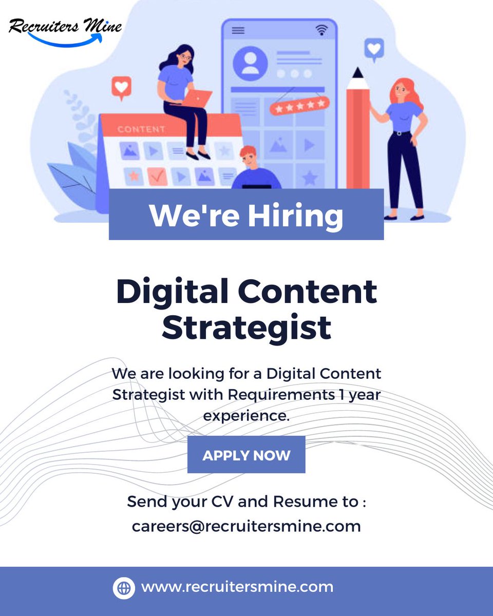 Digital Content Strategist ($58,000) per year
#Dubaijobs #uaejobs #KSAjobs #qatarjobs #bahrainjobs #omanjobs #kuwaitjobs #lebanonjobs #jobsearch #hiring #JobHunt 
Send your CV to: carrers@recruitersmine.com