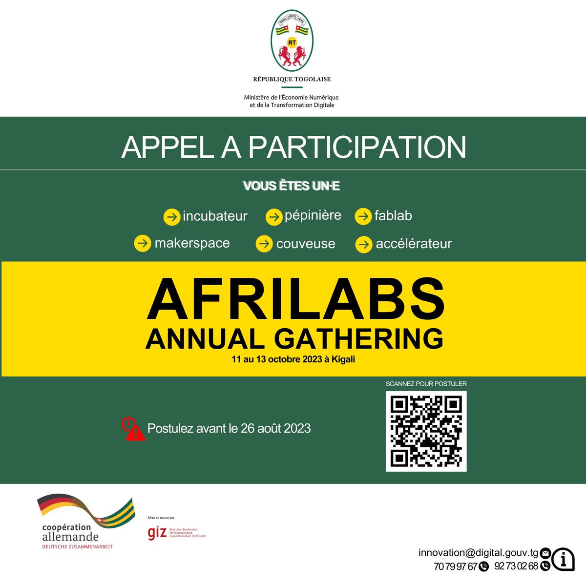 IngeBaumgarten's tweet photo. 🚀 Vous êtes une structure d'accompagnement des https://t.co/nofrICkKUB numériques au #Togo? 

Participez au #AfriLabsAnnualGathering à Kigali en octobre.
Candidatez avant le 26.08.23 ici ➡️ https://t.co/g2axSNlcYk

🇹🇬 🇩🇪 Avec le soutien de @NumeriqueTG, @giz_gmbh #Togo @BMZ_Bund https://t.co/qepmQoQVGH