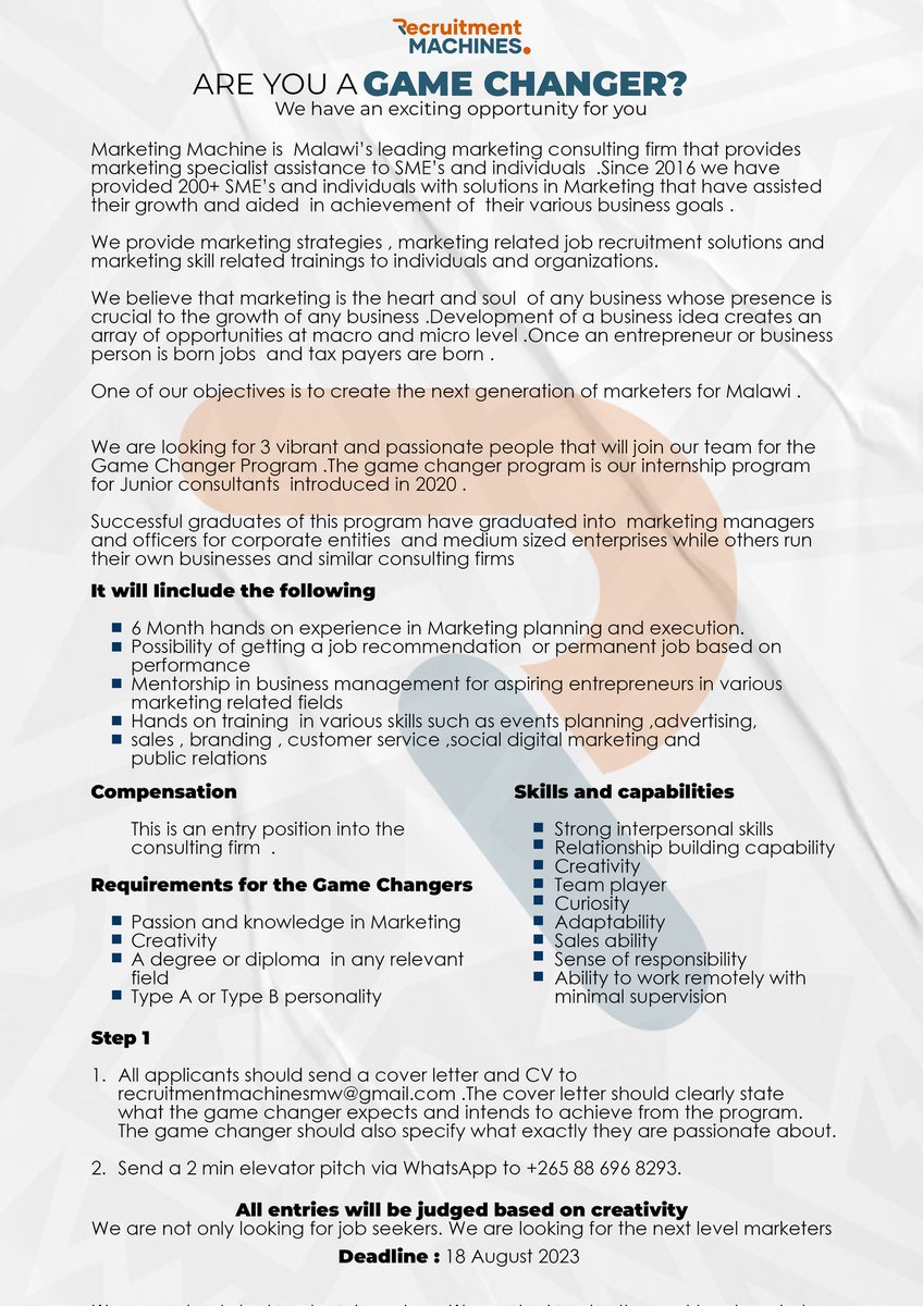 Recruitmen83663's tweet photo. We are looking for 3 vibrant and passionate people to join our team #GameChangersProgram as Junior consultants
Check for more details!!!
Deadline: 18 August 2023 https://t.co/SXZYeUJqej