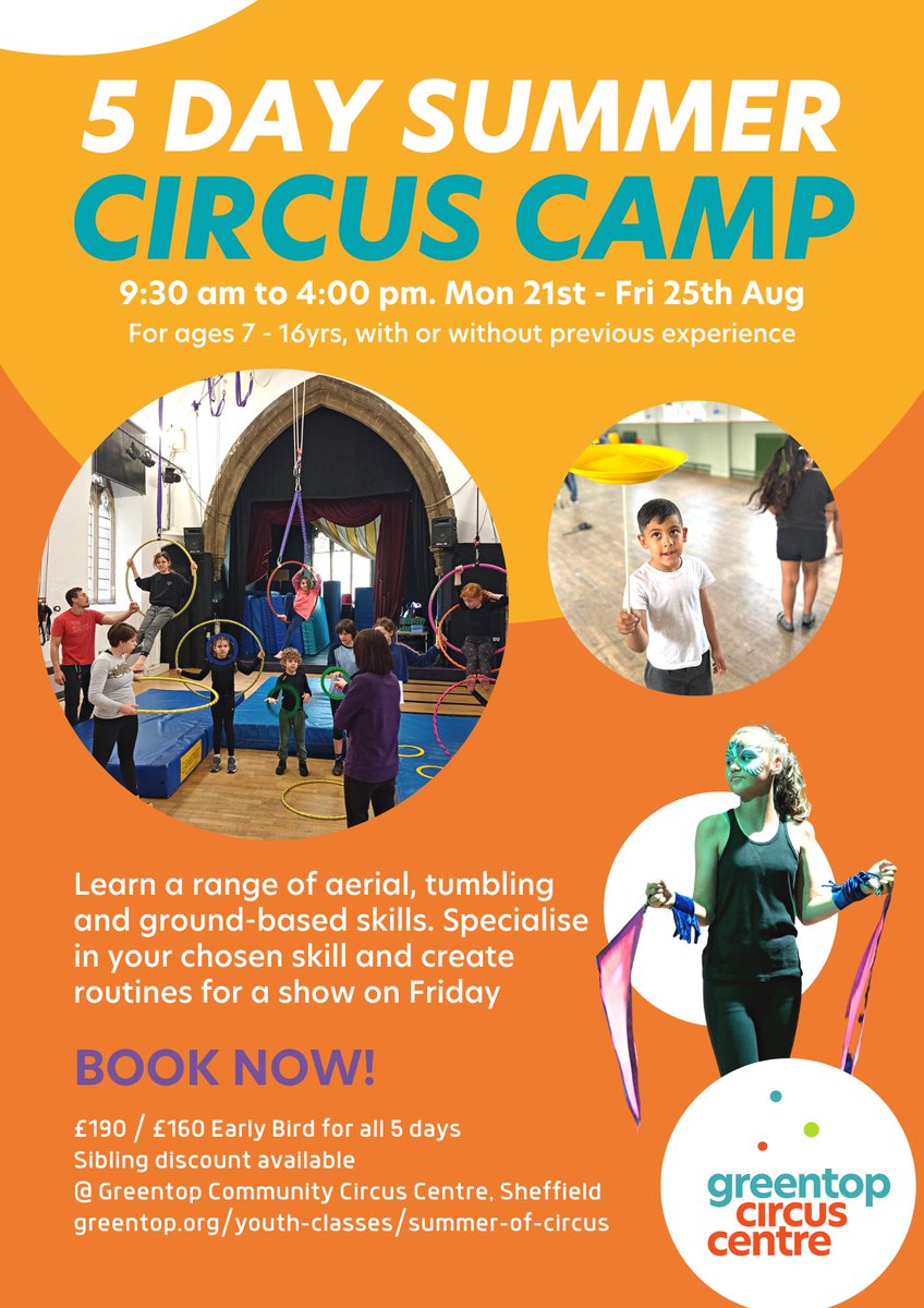 There are 5 places left on our Summer Circus Camp which starts next week! Learn aerial, tumbling &amp; ground-based skills, such as tightwire, diabolo &amp; stilt walking &amp; perform for family and friends. 🌟 greentop.org/youth-classes/…
#SummerOfCircus