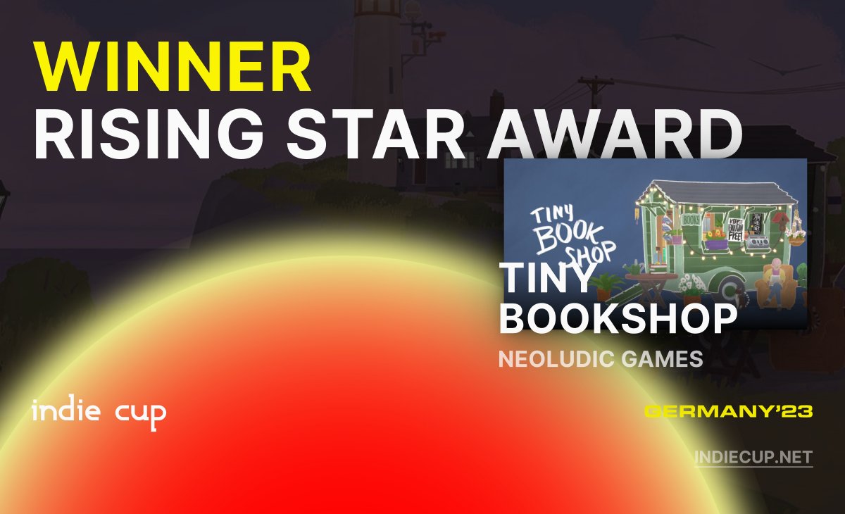 Recognizing the best #IndieCupGermany23 entry developed by a small team not signed to a publisher, the Rising Star Award goes to...

🏆 Tiny Bookshop by <a href="/neoludic/">Tiny Bookshop ✨ OUT NOW!!!!!!</a> 

This is studio’s second Indie Cup award after last year’s special Most Charming Game prize. Congratulations!