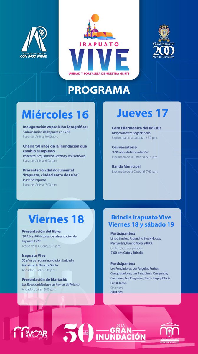 A 50 años de la inundación de nuestra ciudad, preparamos una serie de actividades para conmemorar este acontecimiento sobre nuestro pasado. Así, las y los irapuatenses conocerán más de la historia y la fortaleza que siempre nos ha caracterizado para enfrentar las adversidades. 🙏🏻