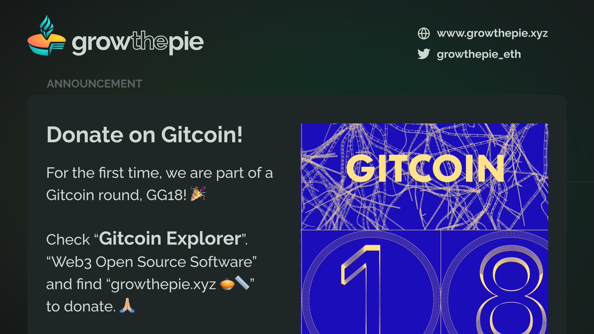 Amazing news of the day 😃 <a href="/growthepie_eth/">growthepie 🥧📏</a> is part of <a href="/gitcoin/">Gitcoin</a> round #GG18. Find "growthepie.xyz 🥧📏" here: explorer.gitcoin.co/#/round/10/0x8… We appreciate your donation to keep building 🙏🏽🥰