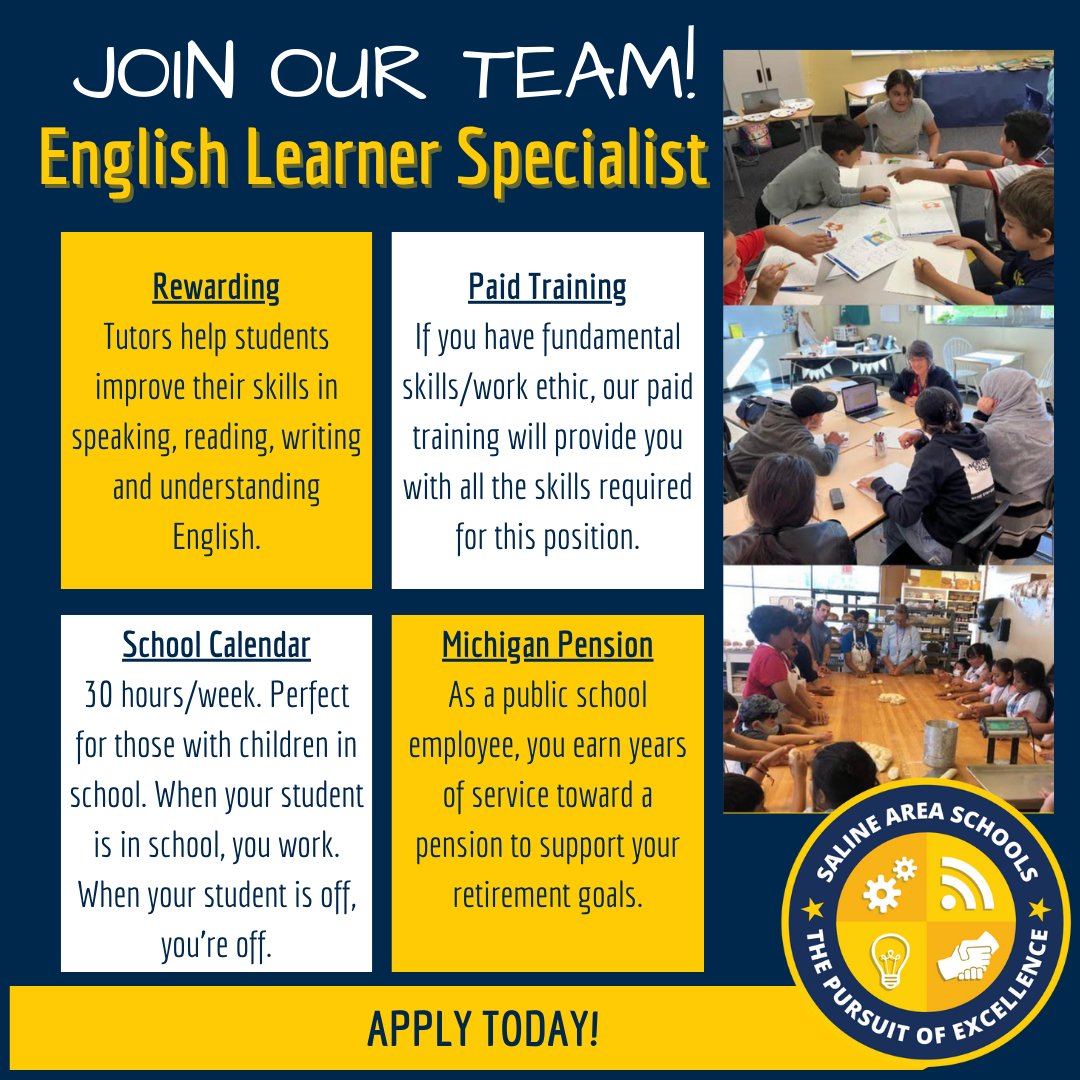 SalineSchools's tweet photo. 🌟 We're still looking for English Learner Specialists! Paid training provided. Build your future with a Michigan pension. Make a difference in the lives of students 30hrs/week. https://t.co/NfNRDRORoL.  #SASCompass https://t.co/IllWHJSUn1