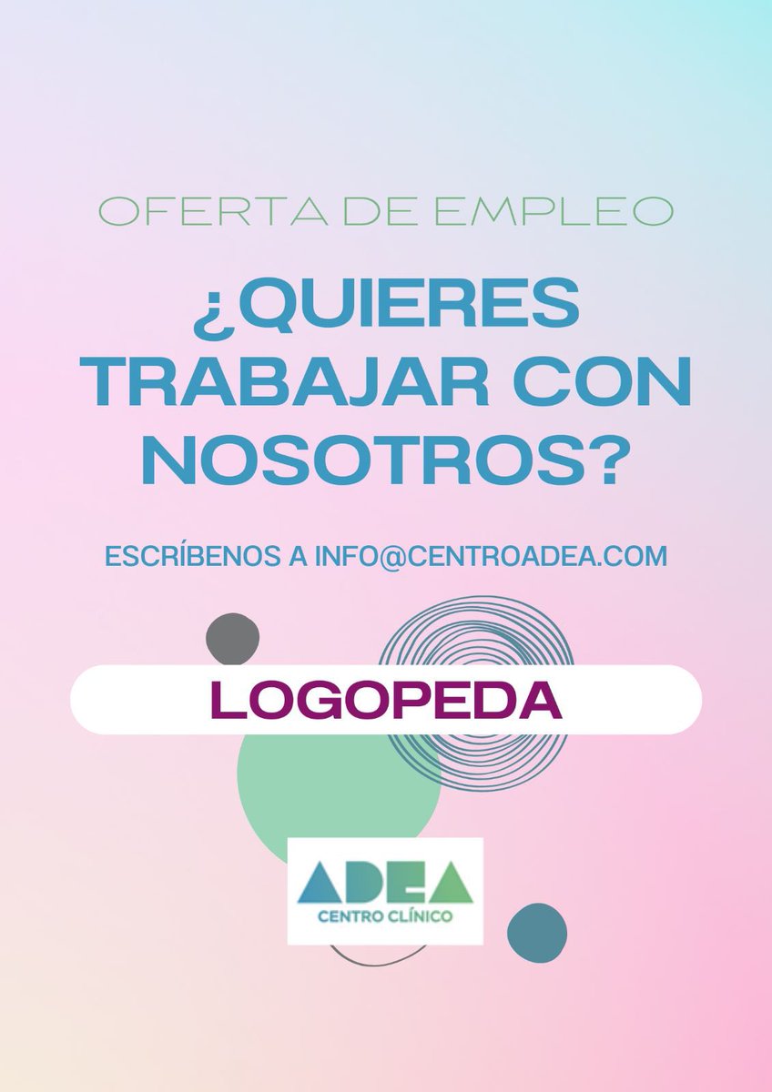 Centro ADEA abre proceso selectivo de LOGOPEDA 👩🏻‍⚕️ Si estás interesado escríbenos a info@centroadea.com 📬 Mientras seguimos con unos días de merecido descanso para recargar pilas, nos vemos enseguida con un cierre de año cargado de cosas bonitas 🥰 #centroadea #logopedia