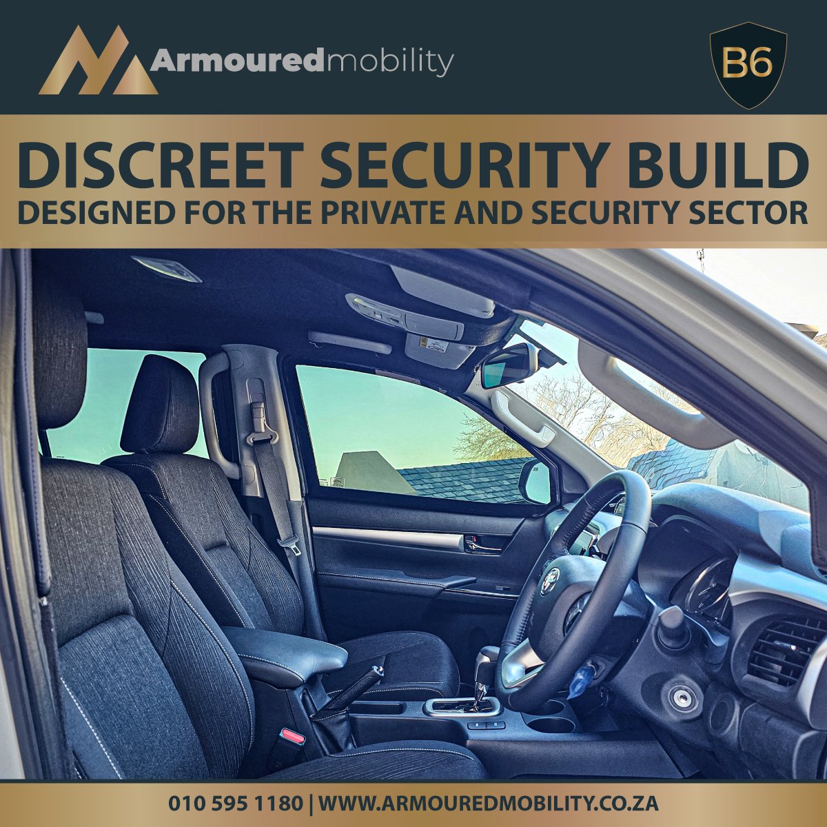 This is the interior of a B6 Armoured Toyota Hilux. Built in our factory, ready to go to market. 

For more information: armouredmobility.co.za/vehicles/toyot…

#armouredmobility #securityarmour #b6armour #bulletproof #discreetsecuritybuild