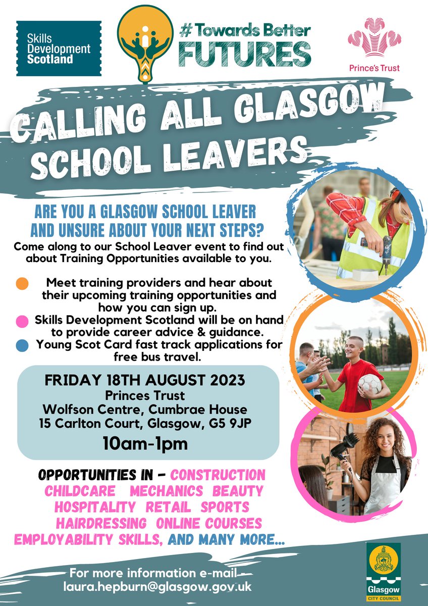 Are you a Glasgow School Leaver? Are you unsure what to do now that have left school? Come to our school leavers event which will have a host of Training providers with a range of opportunities! Sport, hairdressing, beauty, construction, hospitality, retail & much more!