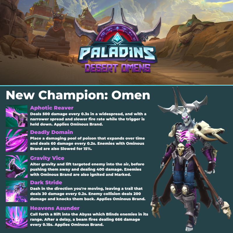 PaladinsGame's tweet photo. Paladins will undergo server maintenance for the launch of Desert Omens tomorrow morning at 8 AM ET. Expected downtime is 3 hours.

While you await Omen's arrival, here is a preview! If you want a full breakdown, follow the link below to the update notes ⤵️