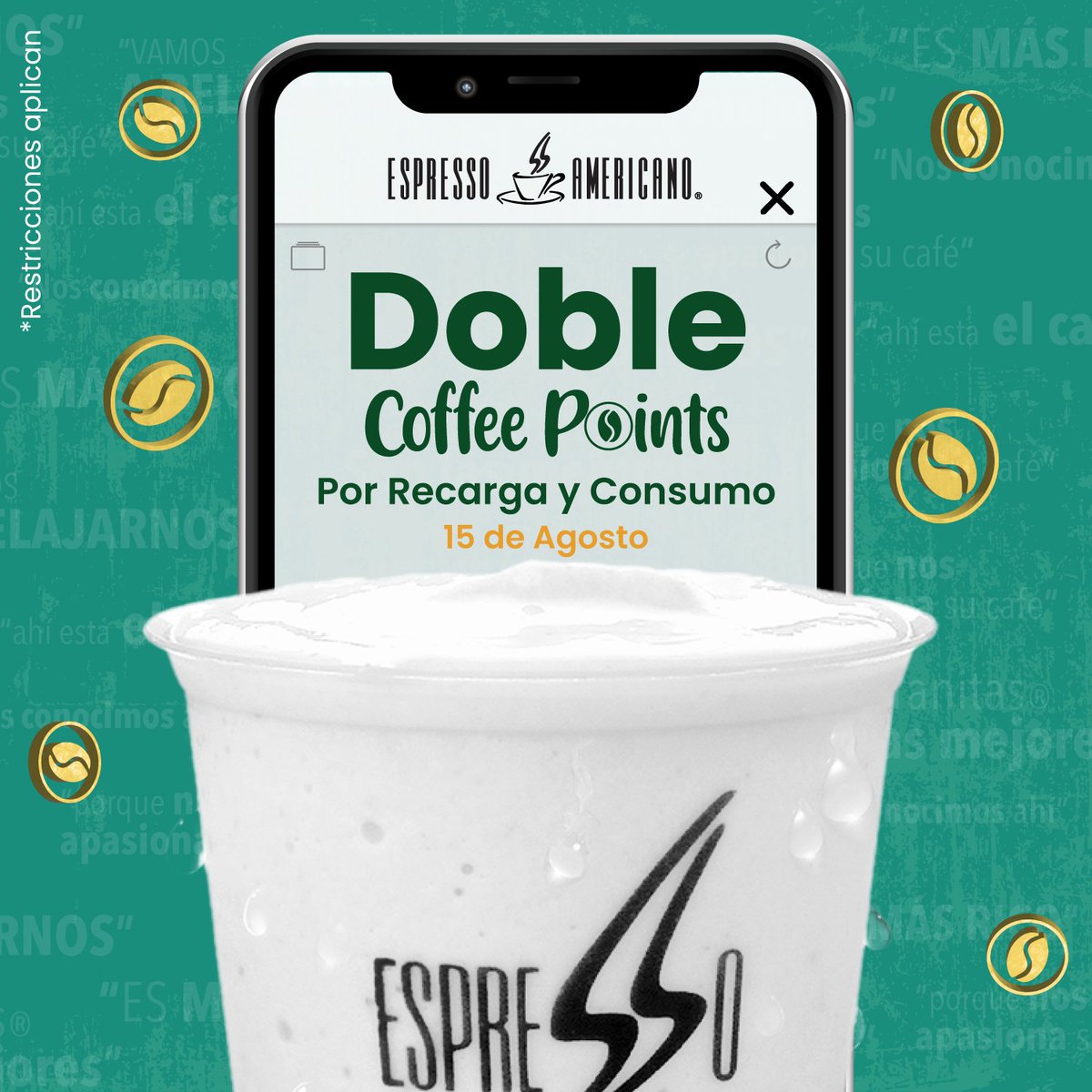 Acumula doble Coffee Points hoy en tus compras y recargas. 
Promoción disponible 15 de agosto, todo el día. 
#espressoamericano #espressoapp #lapasiondelcafe #honduras
