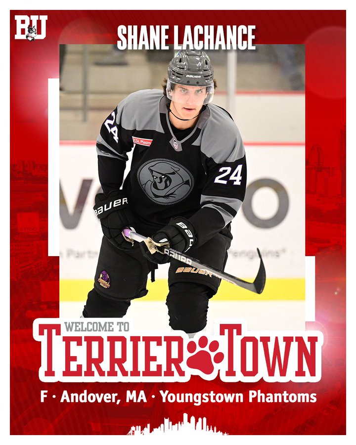 Graphic welcoming former Youngstown Phantoms forward and Andover, MA native Shane Lachance to Terrier Town. Includes photo of Shane skating for Youngstown.