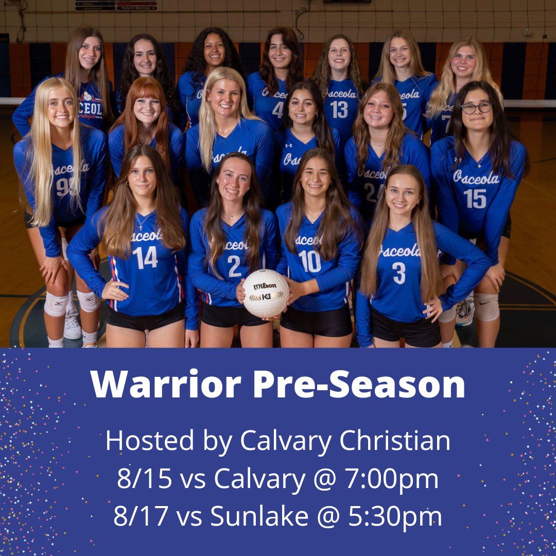 Pre-Season is here!!! 8/15 vs Calvary at 7:00pm 8/17 vs Sunlake at 5:30pm All matches held at Calvary Christian HS #ofhsvball #Tribe #WarriorNation #WarriorMindset #gotime #ladywarriors #osceolafundamental @Biggamebobby @TBTimes_Sports @FACADistrict14 @247Sports