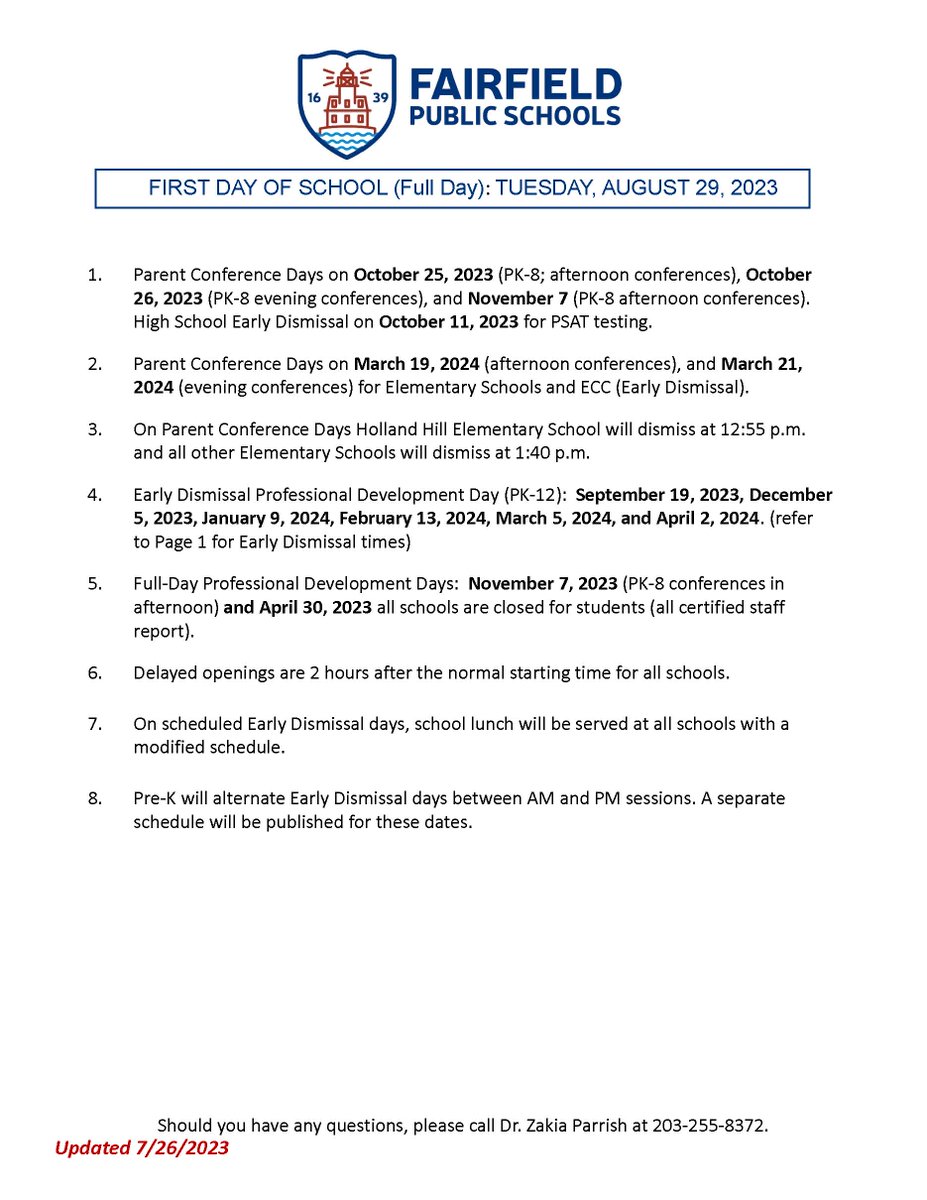 We look forward to the first day of school on Tuesday, August 29! Click below for school start and dismissal times and upcoming early dismissal and conference schedules fairfieldschools.org/fs/resource-ma…
