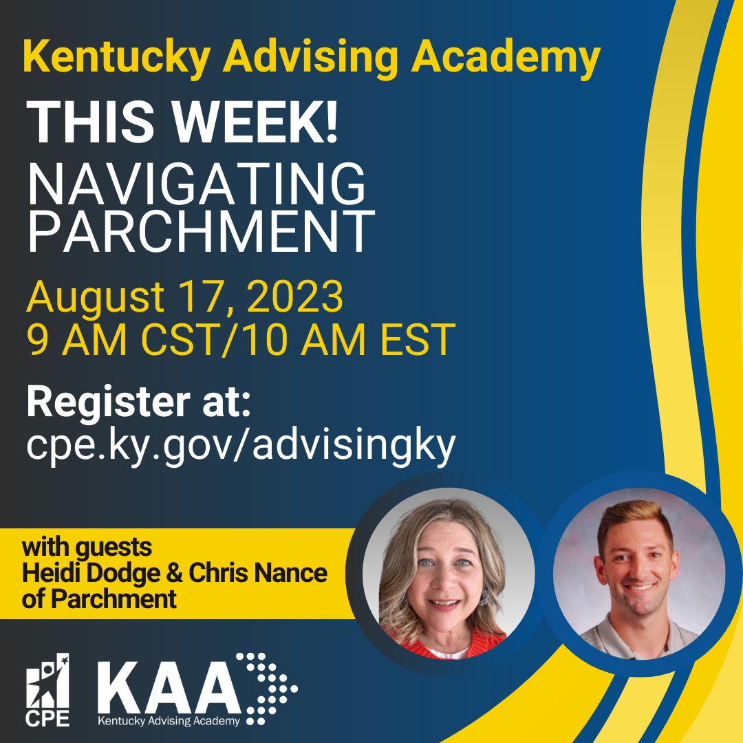 advisingky's tweet photo. THURSDAY!! Join the KAA and special guests Heidi Dodge and Chris Nance as we explore Parchment’s capabilities, Infinite Campus compatibility, and the KY eTranscript Initiative.
1 hour of EILA credit available. Register: https://t.co/kvNc37U6bo
#welladvised @kycontinuum @CPENews https://t.co/n90HsSki47