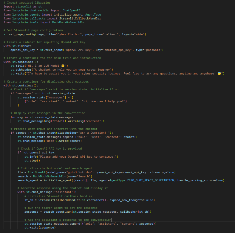 darknightteee's tweet photo. Just wrote my first code for creating a Language Model using Streamlit and Langchain framework! 🚀 Excited to see my progress. Big shoutout to #Langchain for the amazing tools. Check out the basic code I used to build my Cyber Chatbot 👾 #AI #Chatbot #Streamlit https://t.co/aoCCb00C6e