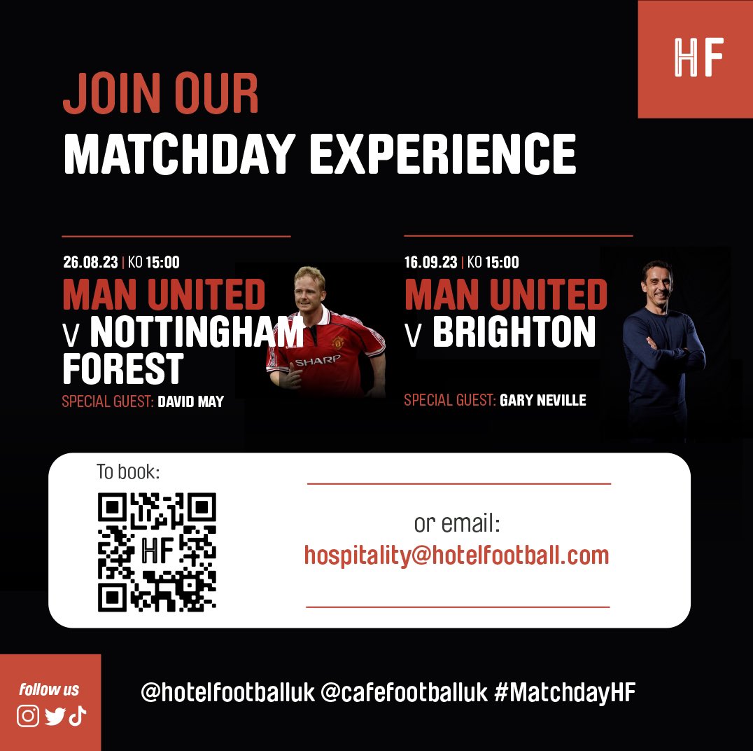 EXCITING NEWS THIS WAY 🔊 We are thrilled to announce our next special guests that will be joining us for upcoming 𝗠𝗮𝘁𝗰𝗵𝗱𝗮𝘆 𝗘𝘅𝗽𝗲𝗿𝗶𝗲𝗻𝗰𝗲 🤩 ⚽️ @DavidMay04 for MUFC vs NFFC ⚽️ @GNev2 for MUFC vs BHAFC Find out more via the link below👇🏻 rb.gy/rycs6