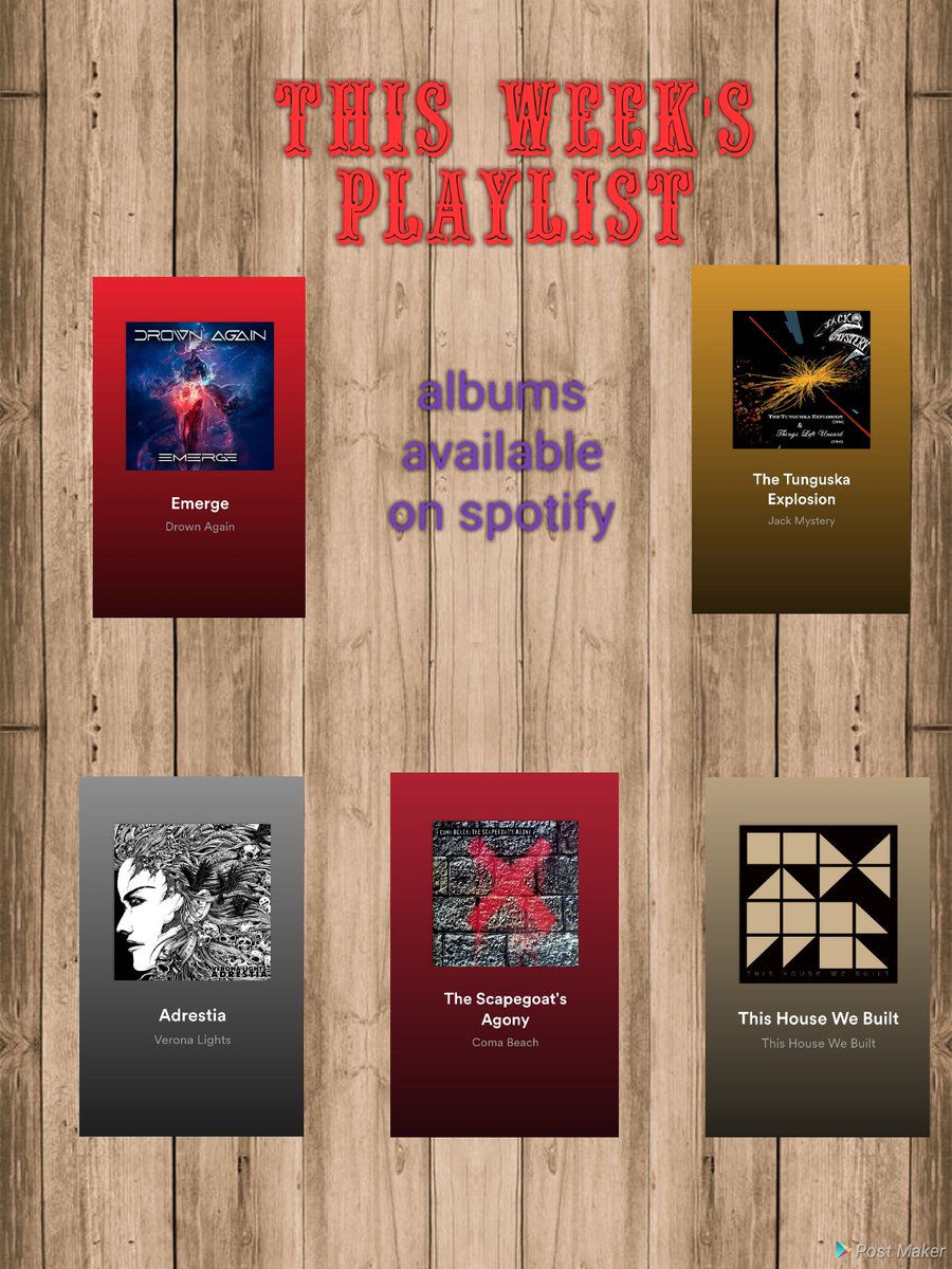 5 albums that is on my playlist this week available on #spotify 
@DrownAgainRocks @JackMystery817 @ComaBeach42 @VeronaLights #thishousewebuilt