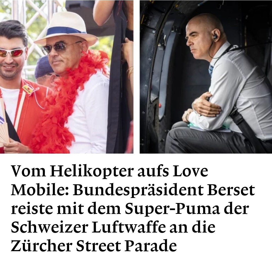 Für rund 11'000 Franken an die #streetparade2023 ist noch das eine, die Selbstinszenierung von #Berset das andere. Viel wichtiger: Was ist eigentlich aus dem Ringier- und #Medien-Gate geworden? Sommerpause? Im heissen Sand verlaufen? 🤔 #Paralleluniversum 
weltwoche.ch/daily/vom-heli…