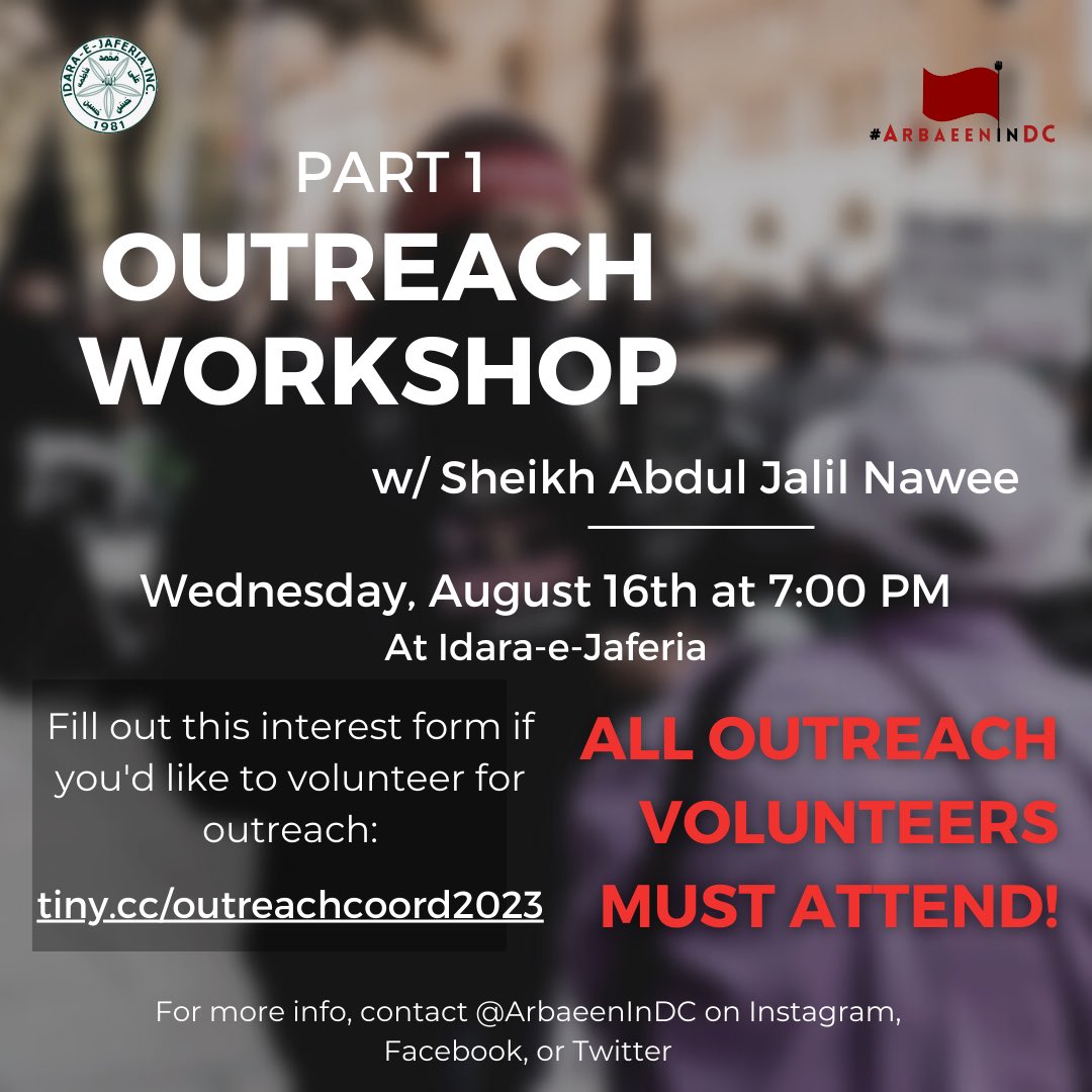 ArbaeenInDC's tweet photo. 🚨 MANDATORY for all outreach volunteers! Sign up to be a Coordinator of Signs using the same link!

For more information, contact @ArbaeenInDC on Instagram, Facebook, or Twitter.

https://t.co/gfT08V9JhV https://t.co/rwwJdNxmQo