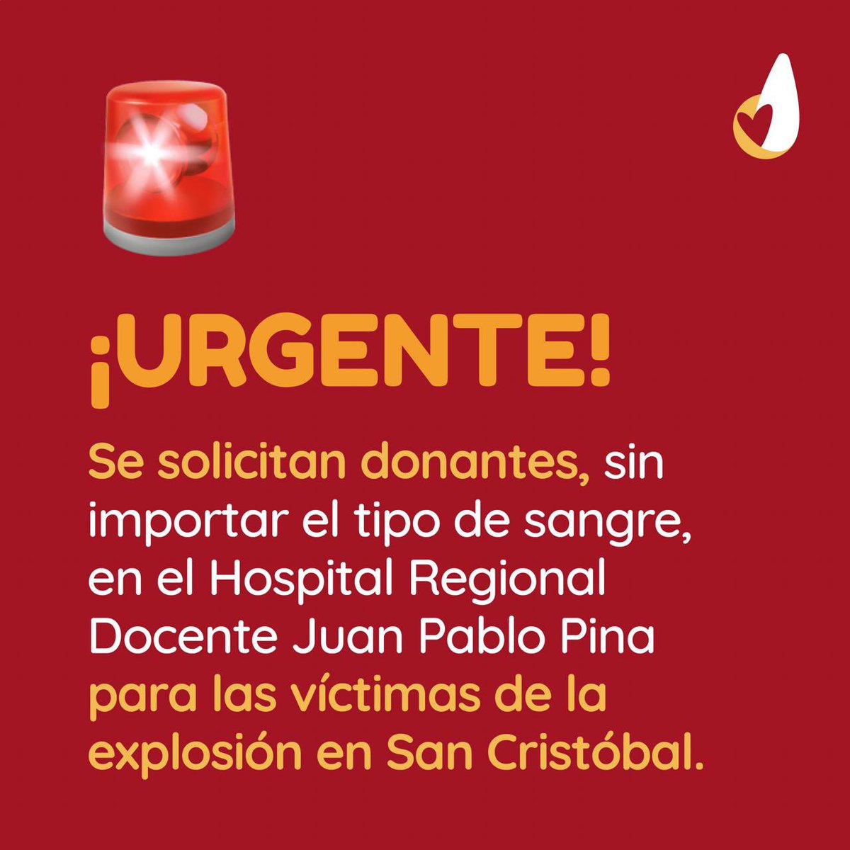 donantescomdo's tweet photo. ¡Este es tu momento de ayudar! 🥺

Si estás en San Cristóbal y puedes ayudar a salvar las vidas de las víctimas de la reciente explosión, te pedimos que te unas a la causa y te dirijas al hospital Juan Pablo Pina para donar sangre. 🩸

Para más información, comunícate al 809-279-1410.

¡Juntos salvemos vidas! ❤️‍🩹

#DonantesRDSV #DonantesRD #DonacionDeSangre #SalvarVidas #SanCristobal