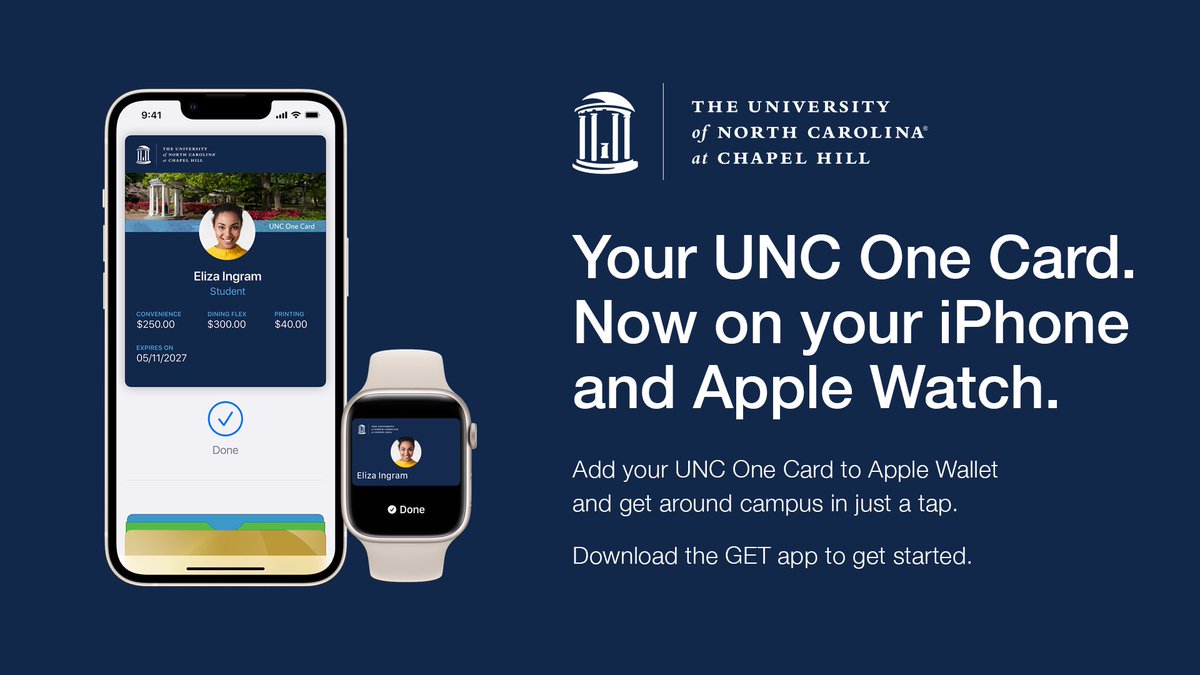 The new mobile #UNC One Card launched today! Students, faculty and staff can now add their One Card to Apple Wallet and use their iPhone and Apple Watch to access campus buildings, make purchases, check account balances and more. To get started, visit go.unc.edu/mobileonecard.