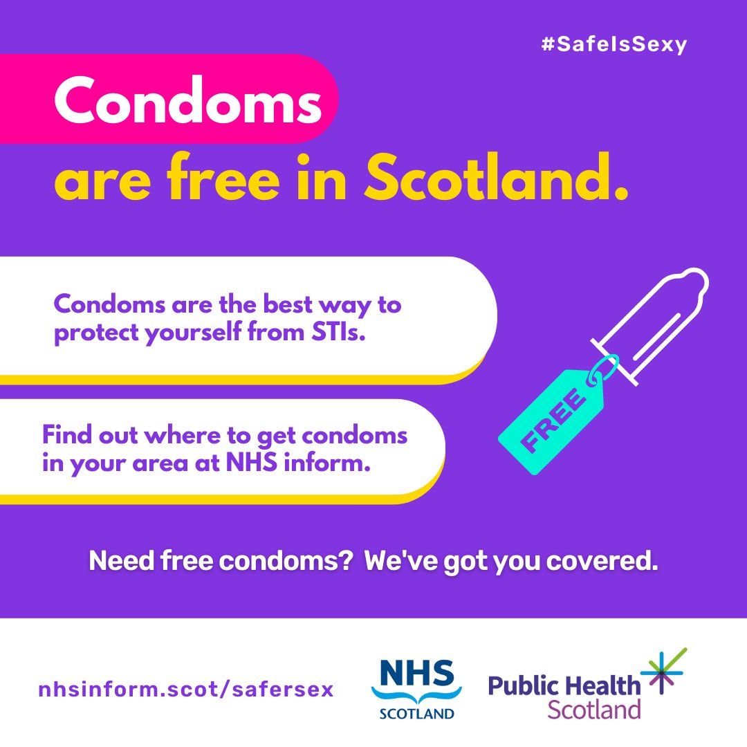 The best way to reduce your risk of STIs is to use a condom when having sex.

Everyone can get condoms for free in Scotland. While asking for condoms might feel awkward, that's what the services are there for.

Find out more at nhsinform.scot/safersex 

#SafeIsSexy