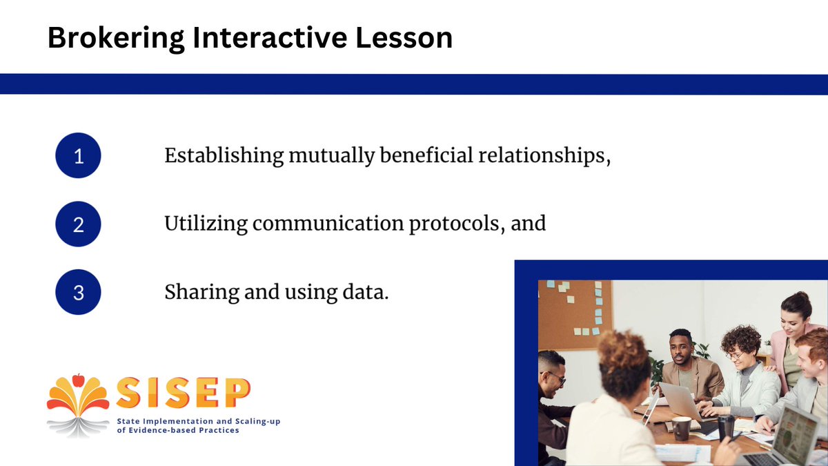 Lesson: implementation.fpg.unc.edu/resource/broke… Get ready to dive into brokering with @SISEPcenter as your guide. Try our interactive lesson where we explore the ins and outs of brokering, from negotiation strategies to building strong partnerships. Learn the importance of: