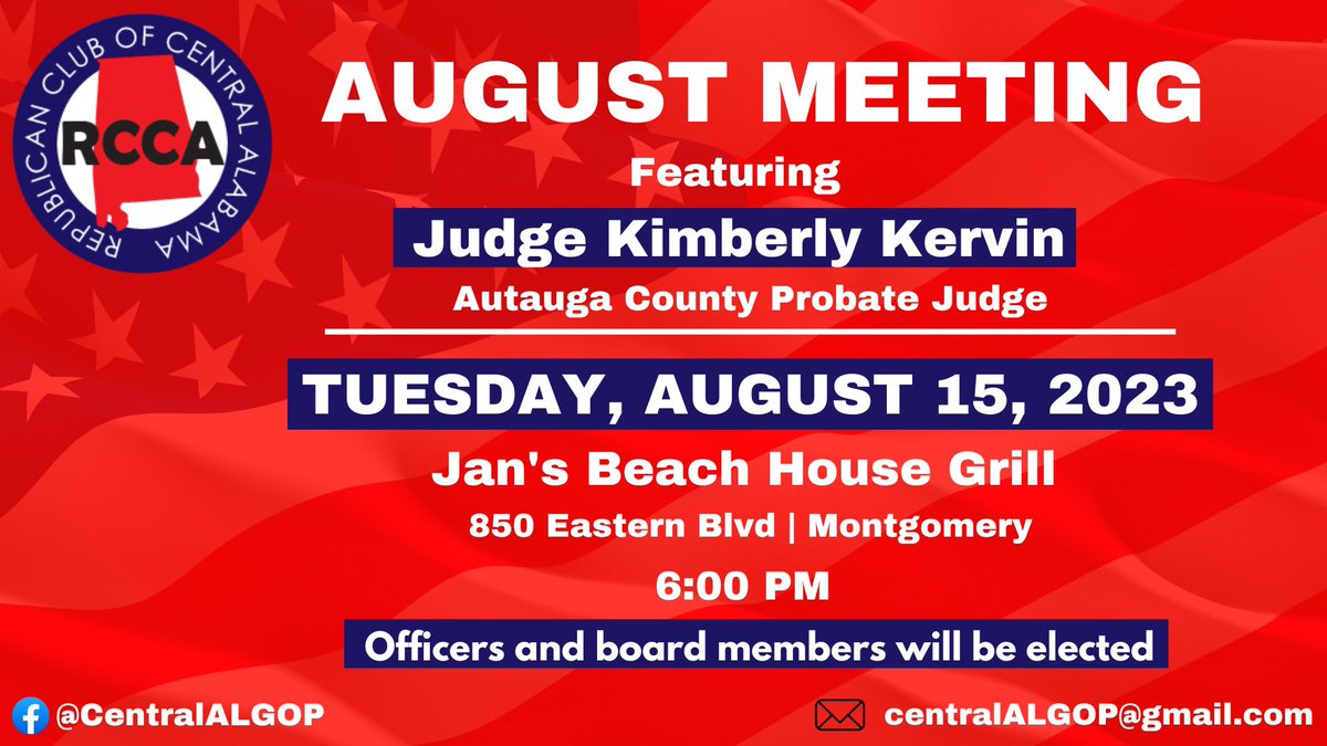 MontgomeryGOP's tweet photo. Republican Club of Central Alabama meeting tonight. #alpolitics https://t.co/hkS0T9O5ub
