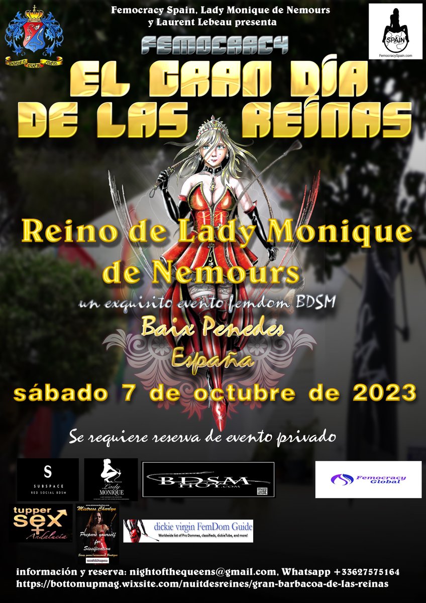 LebeauLaurent's tweet photo. ¡Evento principal de la Femocracy gran dia de reinas! Baix Penedes 7 octubre DE 2023 Las damas/subs ya pueden reservar ahora https://t.co/lirXwUl6GH  @ladymonique4 @PrincesaSeva @FemocracyUKLDN @FemocracyGlobal @FemocracySpain @BdsmHoyMagazine @LadyBrishen @FemocracyBCN https://t.co/A6rGfgdLDy